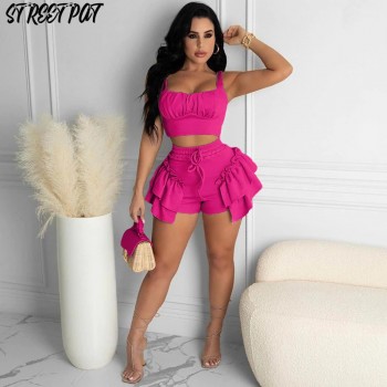 Ruffles Halter Crop Top+ Shorts Sets Two Piece Set Women Party Club Outfits 2021 Vacation Summer Clothes Femmer Streetwear